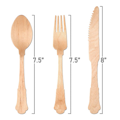 Silhouette Palm Leaf Eco Friendly Disposable Wooden Cutlery Set - 100 Spoons, 100 Forks and 100 Knives