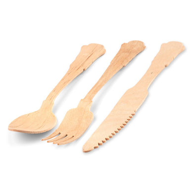 Silhouette Palm Leaf Eco Friendly Disposable Wooden Cutlery Set - 100 Spoons, 100 Forks and 100 Knives