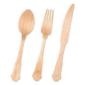 Silhouette Palm Leaf Eco Friendly Disposable Wooden Cutlery Set - 100 Spoons, 100 Forks and 100 Knives